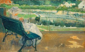 Lydia Istuu kuistilla, Virkkaa, n. 1881 tekijältä Mary Cassatt