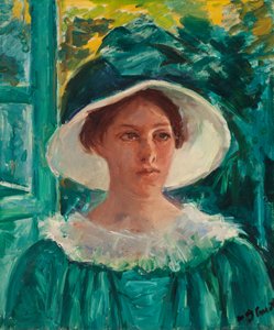 Nuori nainen vihreässä, ulkona auringossa (nuoren naisen pää), n. 1914 (öljy kankaalle)