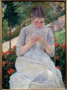 Nuori tyttö puutarhassa, sanoo myös "" Nainen ompelee puutarhassa"". Mary Cassattin (1844-1926) maalaus, noin 1880-1882. Öljy kankaalle. Mitat: 92 x 63 cm. Orsay-museo