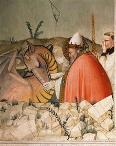 Episodit uudenvuodenaaton elämästä: Paavi Saint Sylvester I (Silvester tai Silvestro) (314-335) sulkee lohikäärmeen suun. Yksityiskohta. Maso di Bancon fresko (tunnetaan noin 1341-1346) 1300-luvun Firenze, Chiesa di Santa Croce, Cappella Bardi
