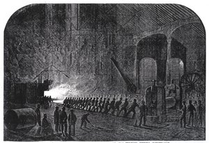 Prosessi panssarilevyjen pyörittämiseksi Hänen Majesteettinsa laivoille Alas Steelworksissa, Sheffieldissä, kuvitus "The Illustrated London Newsista", 14. syyskuuta 1861