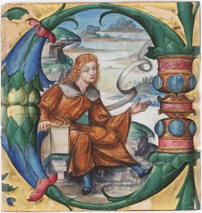 Graduaali, leikkaus, jossa on Johannes Kastajan historiallinen alkukirjain C, antifonaariasta, Milano, 1515 (tempera ja muste pergamentilla) (3587462:n rekto). tekijältä Master B. F. 16th century Master B. F. 16th century