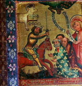Pietarin ja Paavalin marttyyrikuolemaa esittävä maalaus 1300-luvulta