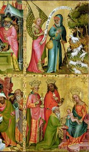 Ilmoitus Pyhälle Joakimille ja tietäjien palvonta, Buxtehuden alttarin vasemmasta siivestä, 1400-10 (tempera paneelissa) (yksityiskohta 159469) tekijältä Master Bertram of Minden