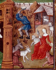 Aatami poimii maata ja Eeva kehrää villaa sen jälkeen, kun hänet oli metsästetty maallisesta paratiisista. Miniatyyri on otettu italialaisen Giovanni Boccaccio dit Jean Boccacen (1313-1375) teoksesta "Des casus des nobles hommes et femmes infortunes" (De c