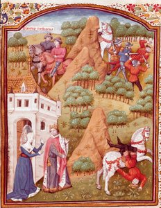Seleukos (Seleucus) I Nicator ja hänen isänsä Antiokhos (Antiokhos) Aasian ja Syyrian kuningas. Miniatyyri otettu Giovanni Boccaccion "" Jalojen miesten ja onnellisten naisten tapauksista" (De casibus) sanoi Jean Bo