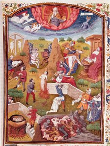 Visio Boccacesta: kidutuksen, hirttämisen, verilöylyn kohtaus Miniatyyri otettu julkaisusta "Jalomiesten ja -naisten onnettomuuksien tapaukset" (De casibus), italialainen kirjailija Giovanni Boccaccio dit Jean Boccace (1313-1375), kääntänyt Laurent de Prem