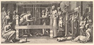 Naiset kehrävät, kutovat ja ompelevat, 1540-50.