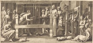 Penelope ja hänen palvelijatovereidensa kudonta tekijältä Master FG, after Francesco Primaticcio