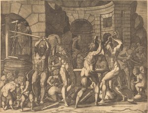 Vulkaani ja kykloopit takoivat nuolia tekijältä Master FG, after Francesco Primaticcio