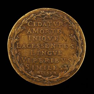 Kirjoitus laakeriseppeleessä [kääntöpuoli], 1555. tekijältä Master I.A.V.F.