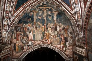 Sacro Specon mestarin ristiinnaulitsemisen fresko. 1300-luvulla. Ylempi kirkko. Pyhän Benedetton luostari (Sacro Speco), Subiaco (Rooma), Italia