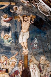 Katumaton varas, ristiinnaulittuna Jeesuksen kanssa, hänen sielunsa repäisee hänen suustaan demoni. Sacro Specon mestarin fresko. 1300-luvulla. Ylempi kirkko. Pyhän Benedetton luostari (Sacro Spec