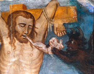 Katumaton varas, ristiinnaulittuna Jeesuksen kanssa, hänen sielunsa repäisee hänen suustaan demoni. Sacro Specon mestarin fresko. 1300-luvulla. Ylempi kirkko. Pyhän Benedetton luostari (Sacro Spec