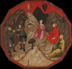 Paimenten Alcesto ja Acaten välinen kilpailu tekijältä Master of 1416