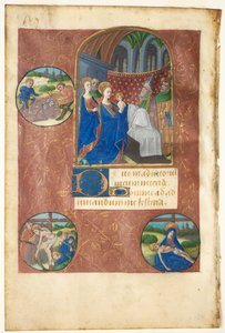 Lehti tuntikirjasta: esitys temppelissä eränheiton pyöreillä..., c1460 tekijältä Master of Adélaïde de Savoie