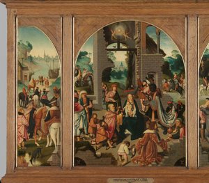 Triptyykki, jossa on tieteiden palvonta (keski- ja sisäsiipi), Saint Antony Abbot (vasen, ulkosiipi) ja Saint Adrian (oikea, ulkosiipi) tekijältä Master of Alkmaar (attributed to)