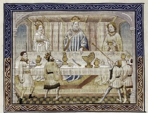 Caesar Augustus, hänen vaimonsa ja poikansa pöydässä Tekijä: Jean Hayton, Tarinoiden kukka itämaista, n. 1410 tekijältä Master of Berry Apocalypse
