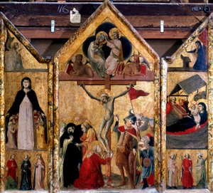 Triptyykki, jossa ristiinnaulitseminen keskipaneelina, c1333 tekijältä Master of Bologna