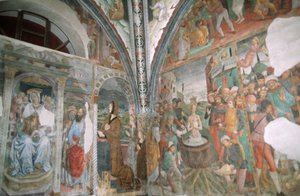 Itália, Piemonte, Serralunga di Crea, Sacro Monte di Crea, Basílica de Santa Maria Assunta, capela, afrescos finlandeses