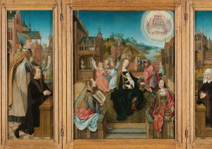 Triptyykki Neitsyt ja lapsi pyhien kanssa (keskellä), mieslahjoittaja Saint Martinin kanssa (vasen, sisäsiipi), naisluovuttaja Saint Cuneran kanssa (oikea, sisäsiipi) ja Annunciation (ulommat siivet) tekijältä Master of Delft