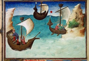 Navigaattorit Intian valtamerellä tähtien ja astrolabien avulla. Miniatyyri teoksessa ”Maailman ihmeiden kirja”, Ms. 2810, folio 188v, Egertonin mestarin valaisema, kirjoittanut John (Jehan) de Mandeville (1300? 1382). Noin 1410-1412. BN, Pariisi