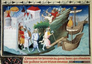 Suurkhaani japanilaisia vastaan tai "Kuinka saarta ympäröivät suuren kahanin miehet valloittivat vihollistensa kaupungin". Miniatyyri otettu Marco Polon (1254-1324) "" The Book of Wonders" -kirjasta. Valaisi Master of Egerton