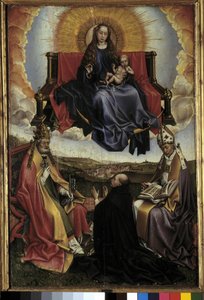 Neitsyt kirkkaudessa Pyhän Pietarin ja Pyhän Augustinuksen välillä. Robert Campinin maalaus nimeltä Flemallen mestari (1378-1444) Musee Granet, Aix en provence