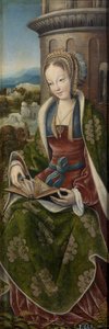 Barbe la grande martyre - Pyhän perheen triptyykki musiikin tekemisen enkelien kanssa. Oikea paneeli: Saint Barbara par Master of Frankfurt (1460-n. 1533), n. 1510-1520 - Öljy puulle, 79x27 - Museo del Prado, Madrid tekijältä Master of Frankfurt