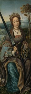 Pyhän perheen triptyykki musiikin tekemisen enkelien kanssa. Vasen paneeli: Pyhä Katariina, noin 1510-1520 tekijältä Master of Frankfurt