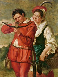 Nainen ja varsijousimies, n. 1610 tekijältä Master of Harlem
