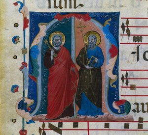 Lehti asteittaisesta alkukirjaimesta M: SS. Pietari ja Andreas, n. 1320-1340. tekijältä Master of Isaac and Esau