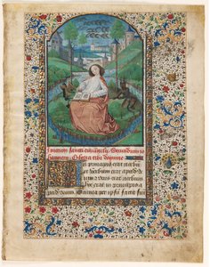 Lehti tuntikirjasta: John Patmoksella 1/2 leikattua lehteä, n. 1465. tekijältä Master of Jacques de Luxembourg