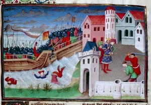 Taistelukohtaus ja pään mestaus. Kuvitus Giovanni Boccaccion (Jean Boccace) romaanista "The Decameron" tekijältä Master of Jean Mansel