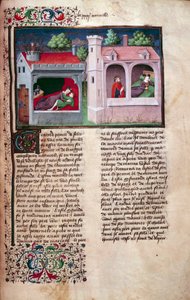 Upea kohtaus: kaksi pariskuntaa puhumassa. Italialaisen kirjailijan Giovanni Boccaccio dit Jean Boccacen (1313-1375) "Decameron" -käsikirjoituksen ranskankielinen sivu Manselin mestarin valaisemana. 1450. Pariisi, Arsenaalin kirjasto tekijältä Master of Jean Mansel