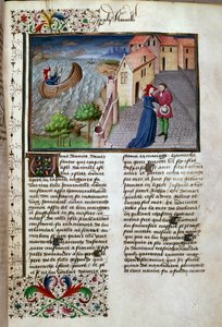 Italialaisen kirjailijan Giovanni Boccaccio dit Jean Boccaccion (1313-1375) "Dekameronin" ranskankielisestä käsikirjoituksesta otettu lähtösivu Manselin mestarin valaisemana. 1450. Pariisi, Arsenaalin kirjasto tekijältä Master of Jean Mansel