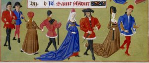 Toukokuu: Hoviherrat kävelevät. Yksityiskohta valaistusta käsikirjoitussivusta, joka on otettu Savoyn Adelaiden mestarin (1400-luku) ja Jean Rolinin mestarin (1400-luvulla) Burgundin herttuattaren tuntikirjasta. tekijältä Master of Jean Rolin II