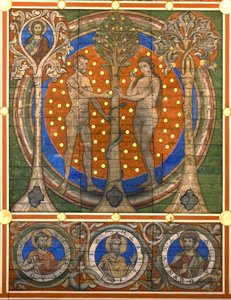 emä ja Eeva. Yksityiskohta Hildesheimin Pyhän Mikaelin kirkon maalatusta puukatosta n. 1230 tekijältä Master of Lower Saxony