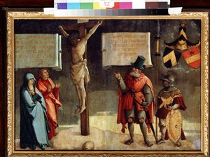 Ristiinnaulitseminen lahjoittajien kanssa. Ristiinnaulitseminen lahjoittajien kanssa. Messkirchin mestarin maalaus (noin 1500-1543). Öljy puulle. Saksan renessanssin taidetta. Kuvataidemuseo, Pushkin, Moskova