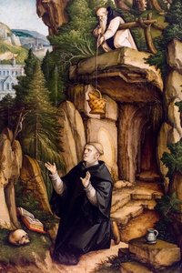 Pyhä Benedictus rukoilevana erakko, n. 1540 (tempera ja öljy puulle (basswood)) tekijältä Master of Messkirch