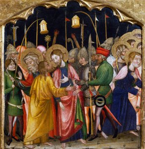 Juudaksen suudelma, Rubion mestari (1300-luku), Santa Marian kirkon alttaritaulun predella, Rubio, maalaus puulle.