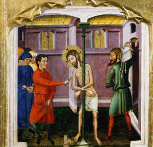 Rubion mestarin (1300-luvulla) liputus, Santa Marian kirkon alttaritaulun predella, Rubio, maalaus puulle.