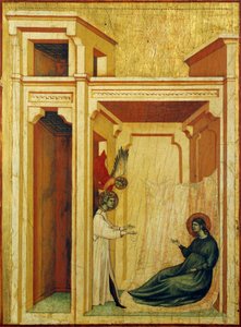 Enkeli kruunaa Valerianin ruusuilla ja liljoilla, yksityiskohta alttaritaulusta, joka kuvaa Legendaa Pyhästä Ceciliasta, noin 1304, mestari Saint Cecilia (toimii 1300-luvun alussa), tempera paneelissa ja kultalehti leimattu, 85x181 cm