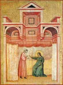 Cecilia suostuttelee miehensä Valerianin kasteeseen, yksityiskohta alttaritaulusta, joka kuvaa Pyhän Cecilian legendaa, noin 1304, mestari Saint Cecilia (toimii 1300-luvun alussa), tempera paneelissa ja kultaleima, 85x181 cm