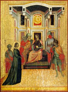 Pyhä Cecilia asettaa uskonasioita vastakkain prefektille, yksityiskohta alttaritaulusta, joka kuvaa Pyhän Cecilian legendaa, noin 1304, mestari Saint Cecilia (toimii 1300-luvun alussa), tempera paneelissa ja kultaleima, 85x181 cm
