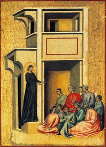 Pyhä Cecilia käännyttävä prefektin sotilaita, yksityiskohta alttaritaulusta, joka kuvaa Pyhän Cecilian legendaa, noin 1304, mestari Saint Cecilia (toimii 1300-luvun alussa), tempera paneelissa ja kultalehti leimattu, 85x181 cm