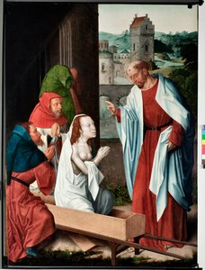 Episodi Pyhän Johanneksen evankelistan elämästä: "" Drusianan ylösnousemus"" (Pyhän Johanneksen evankelistan elämä, Drusianan ylösnousemus) San Giovanni evangelistan (Pyhä Johanneksen evankelista) maalaus (1400-luvun loppu) Dim 120x90 cm geenit, tekijältä Master of Saint John Evangelist