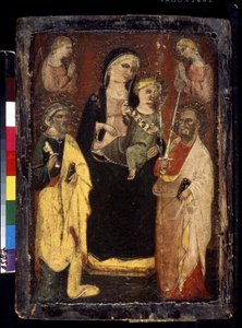 "Madonna ja lapsi valtaistui pyhien Pietarin ja Paavalin kanssa" (Madonna ja lapsi valtaistui pyhien Pietarin ja Paavalin kanssa) San Jacopon mestarin maalaus puulle Mucianossa (1400-luku) Pushkin-museo, Moskova tekijältä Master of San Jacopo a Mucciana