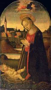 The Madonna Adoring the Child, Kaupunki joen rannalla, n. 1478 (öljy paneelille) tekijältä Master of San Miniato