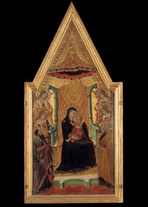 Neitsyt majesteettisuudessa Pyhän Paavalin, Pyhän Pietarin ja neljän enkelin välissä, Santa Marian mestarin alttaritaulu (1300-luku). Koko 0,28 x 0,58 m. Avignon, Musee du Petro Palais tekijältä Master of Santa Maria di Castello
